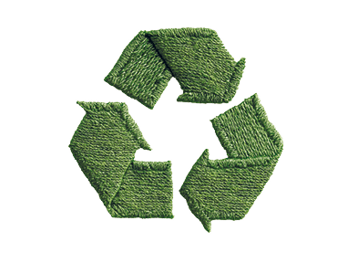 A textured green recycling symbol crafted from fabric showcases a commitment to sustainability. This decorative piece emphasizes eco-friendly values in various design applications.