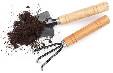 garden tools in soil isolated on white background.